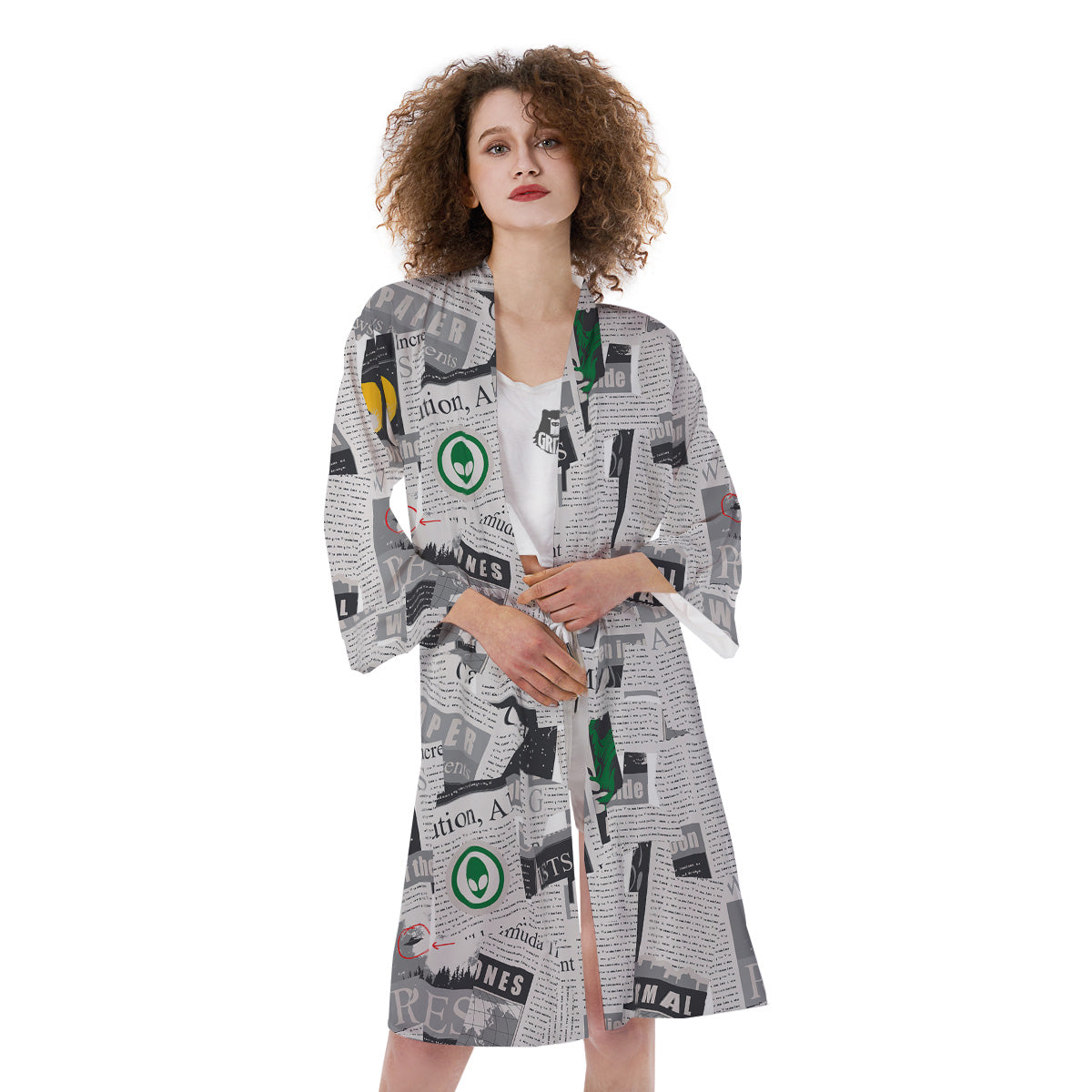 Newspaper Clippings On Aliens Topic Print Pattern Kimono-grizzshop