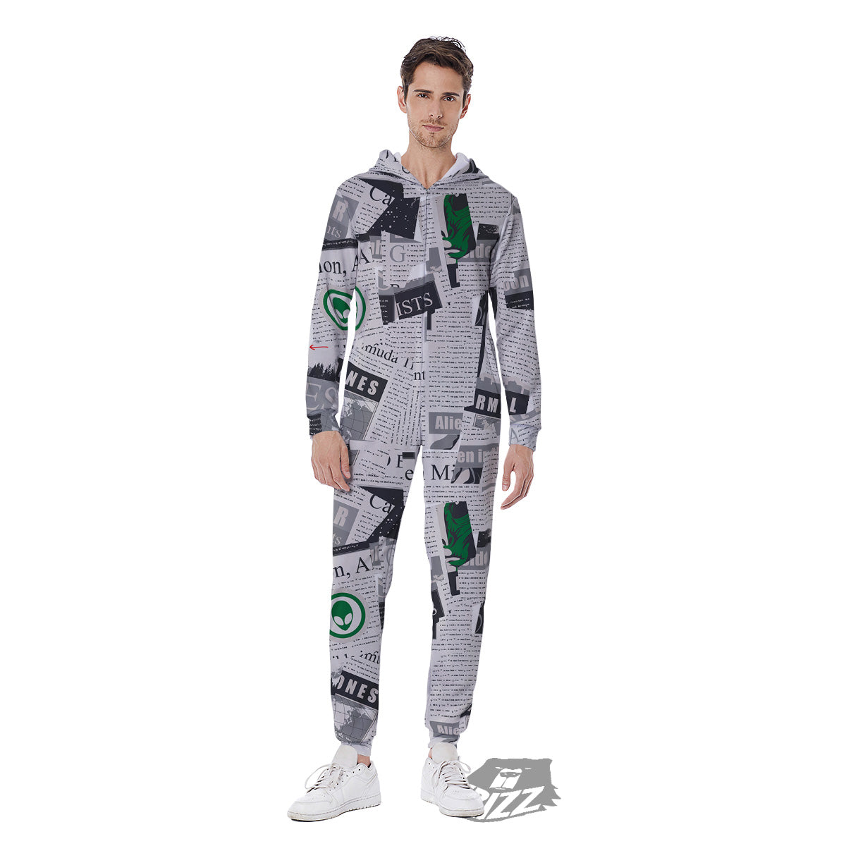 Newspaper Clippings On Aliens Topic Print Pattern Men's Jumpsuit-grizzshop
