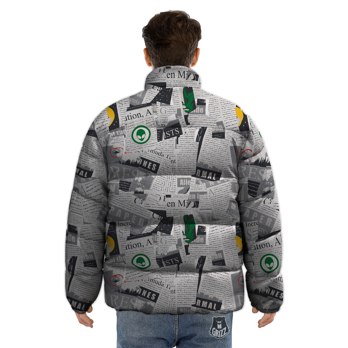 Newspaper Clippings On Aliens Topic Print Pattern Puffer Jacket-grizzshop
