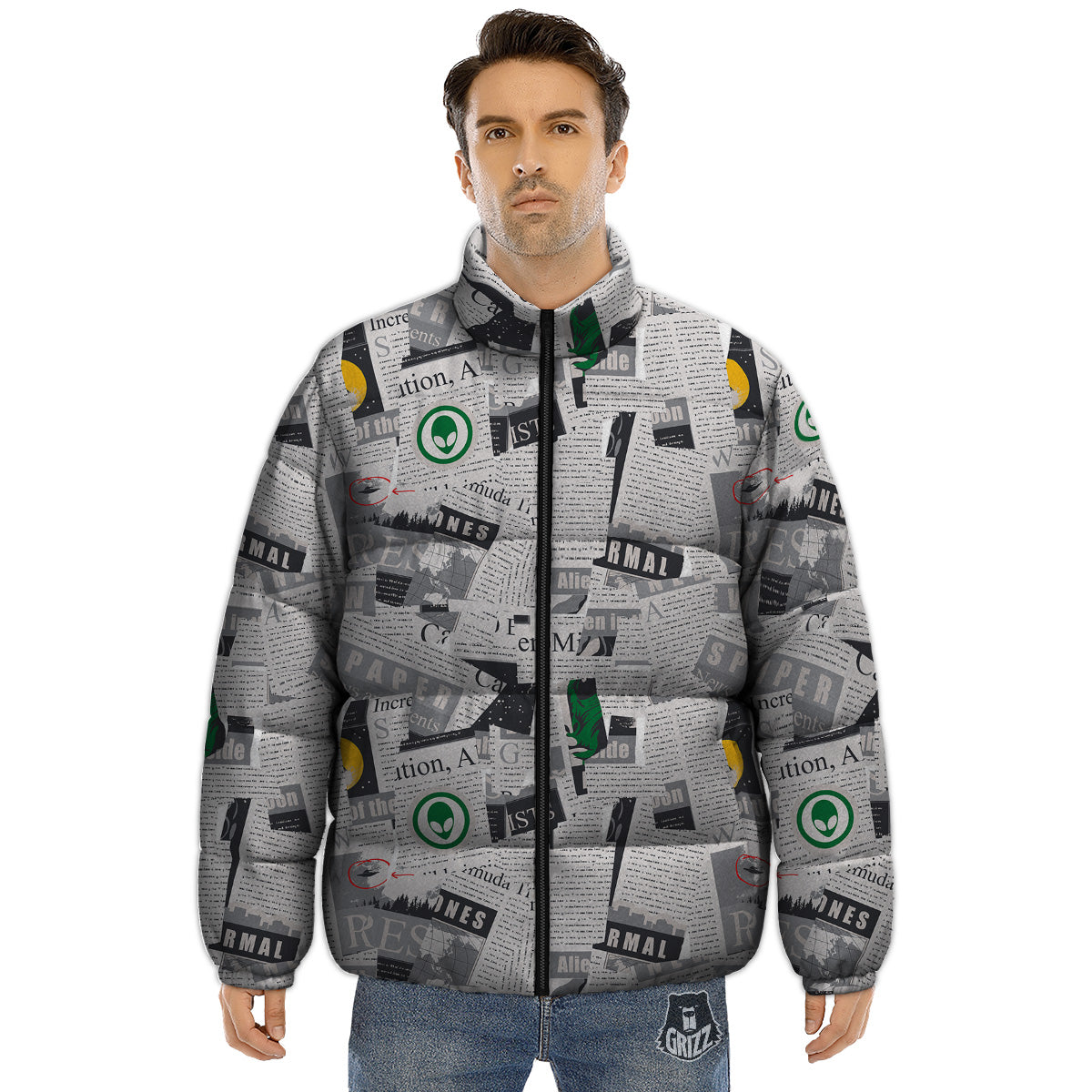 Newspaper Clippings On Aliens Topic Print Pattern Puffer Jacket-grizzshop