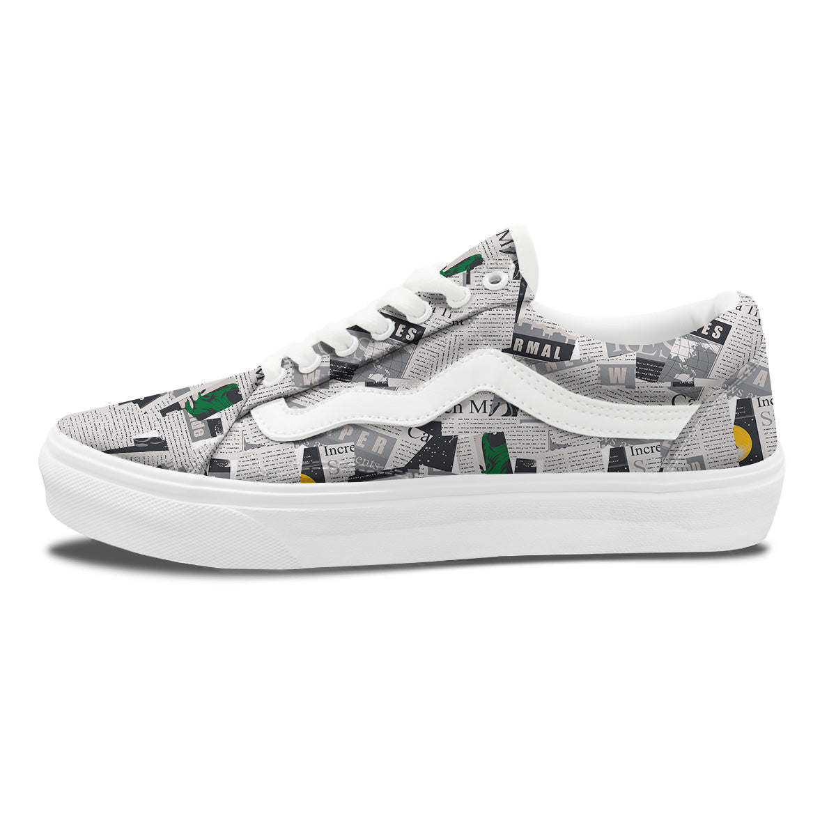 Newspaper Clippings On Aliens Topic Print Pattern Skate Shoes-grizzshop