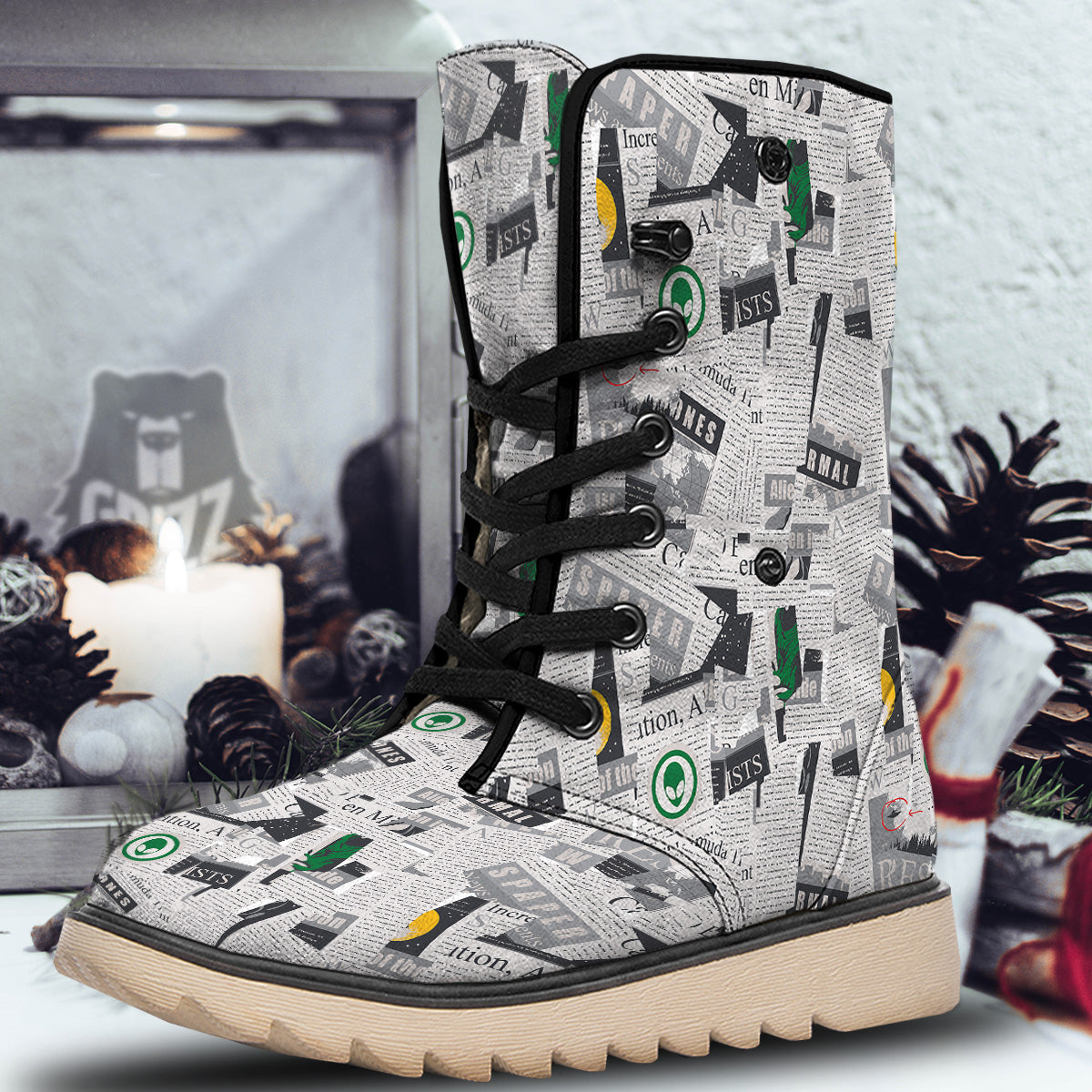 Newspaper Clippings On Aliens Topic Print Pattern Snow Boots-grizzshop