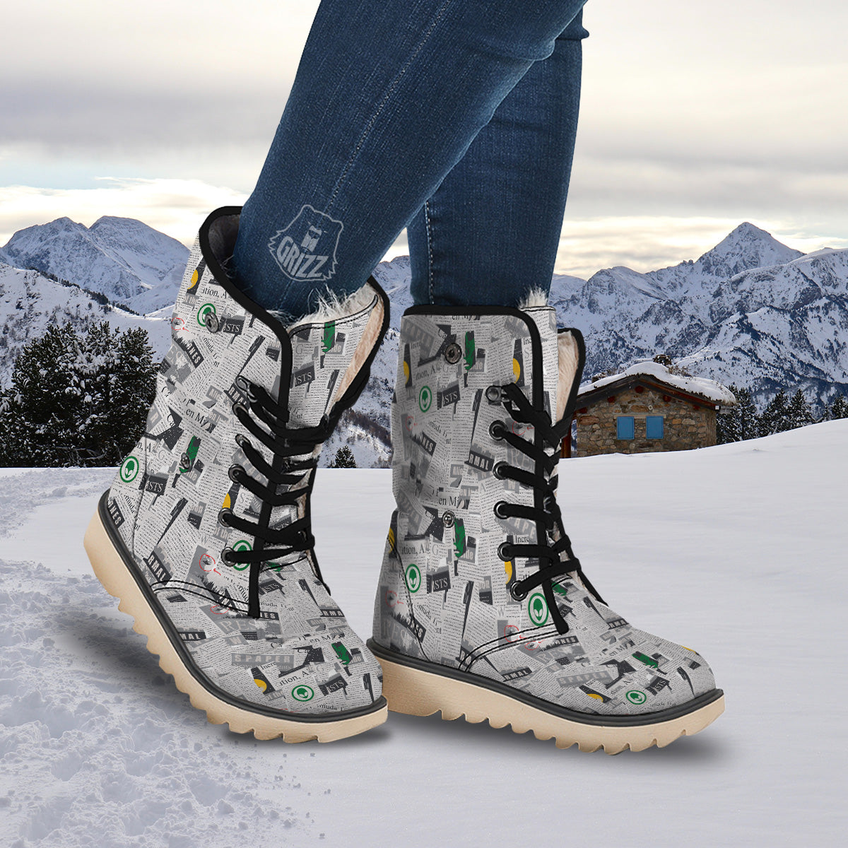 Newspaper Clippings On Aliens Topic Print Pattern Snow Boots-grizzshop