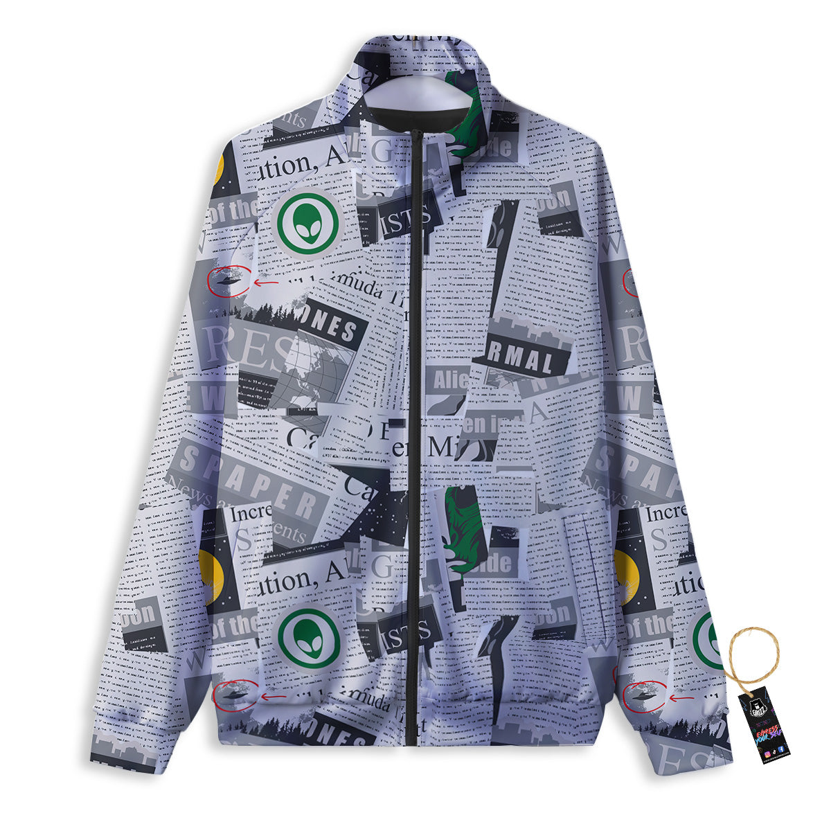 Newspaper Clippings On Aliens Topic Print Pattern Track Jacket-grizzshop