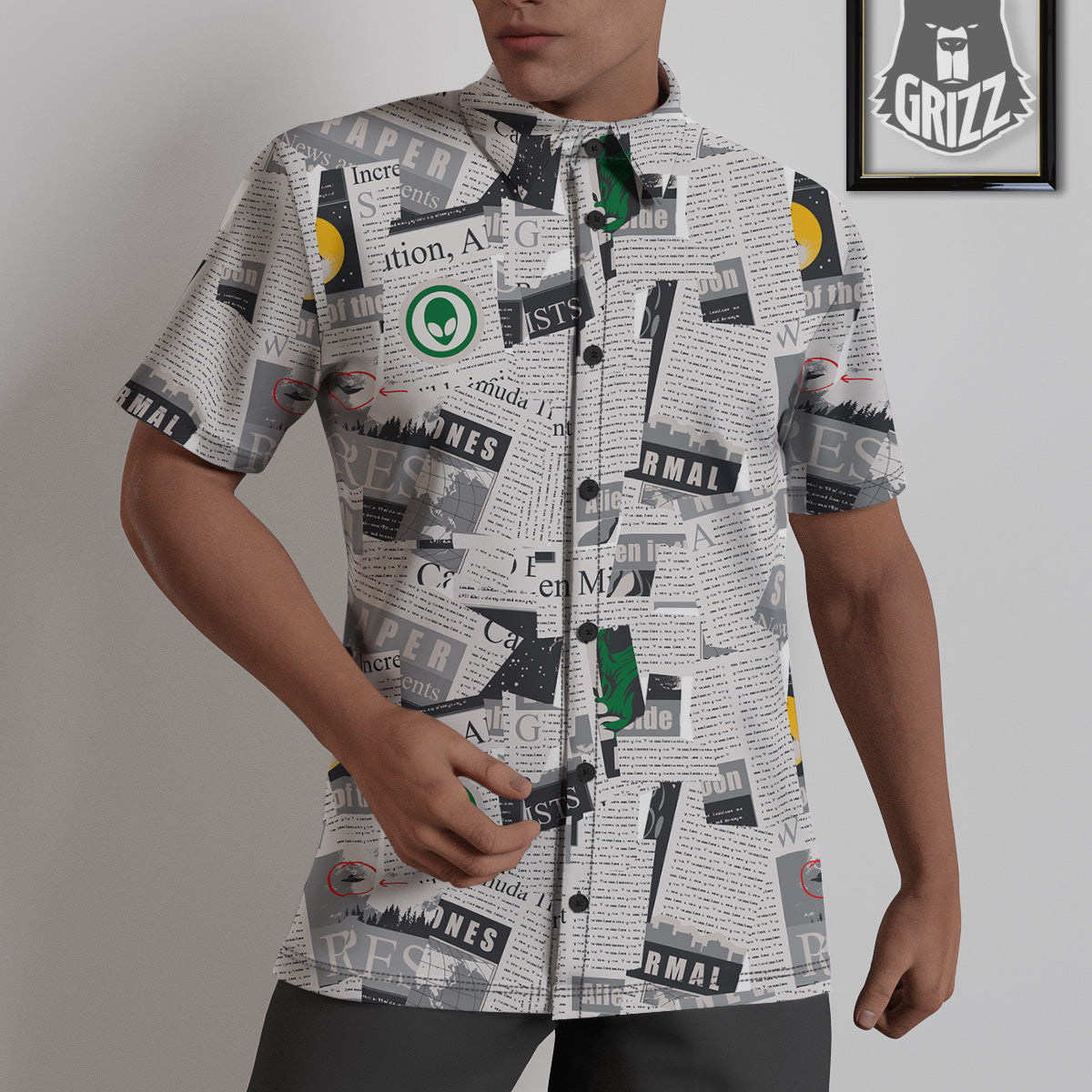Newspaper Clippings On Aliens Topic Print Pattern Untucked Shirts-grizzshop
