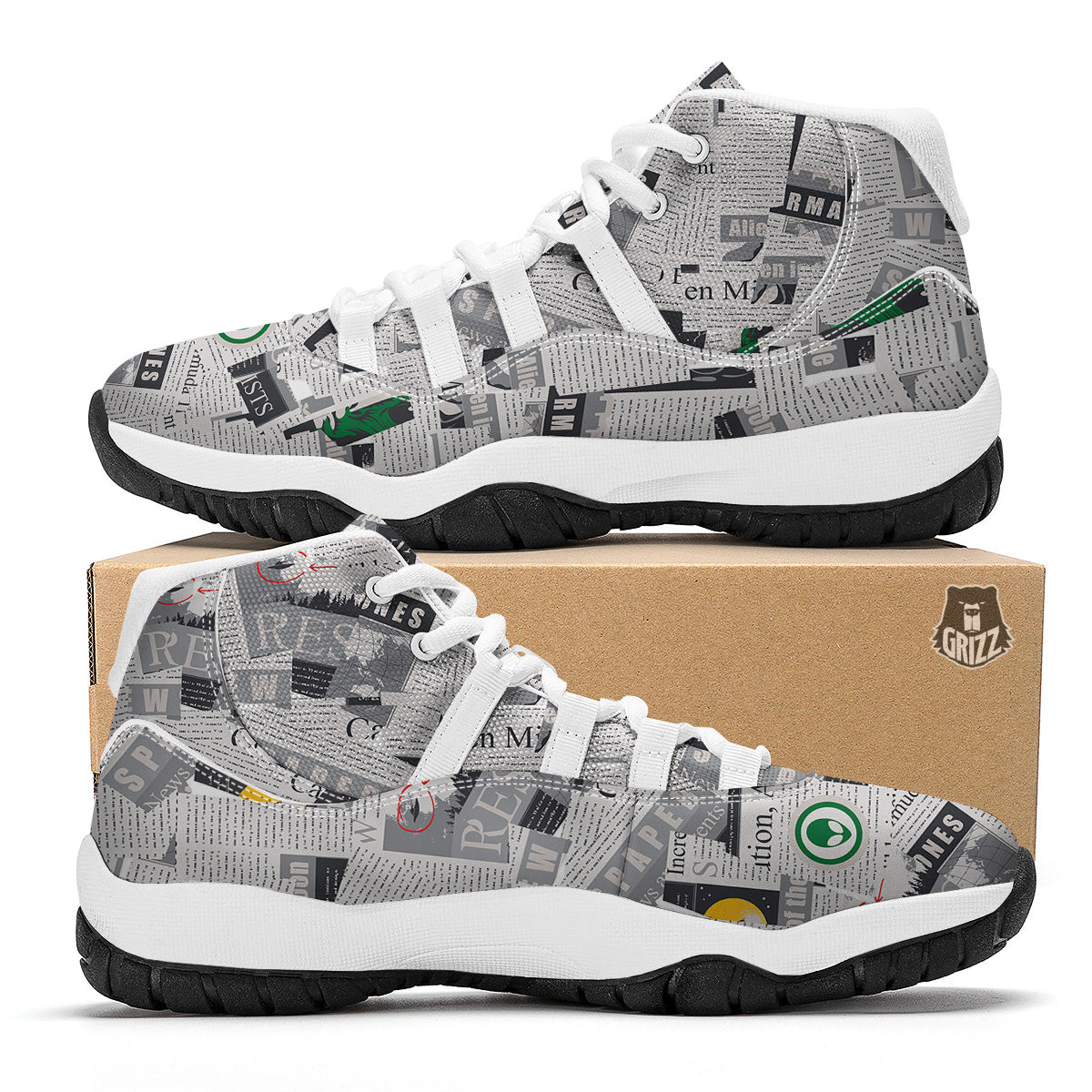 Newspaper Clippings On Aliens Topic Print Pattern White Bball Shoes-grizzshop