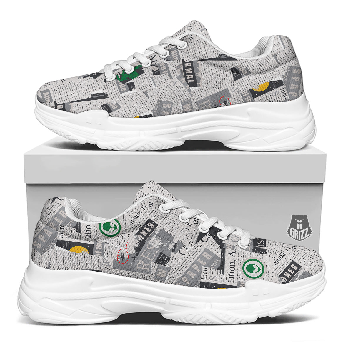 Newspaper Clippings On Aliens Topic Print Pattern White Chunky Shoes-grizzshop