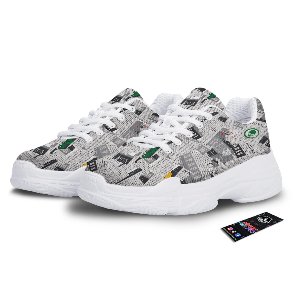 Newspaper Clippings On Aliens Topic Print Pattern White Chunky Shoes-grizzshop