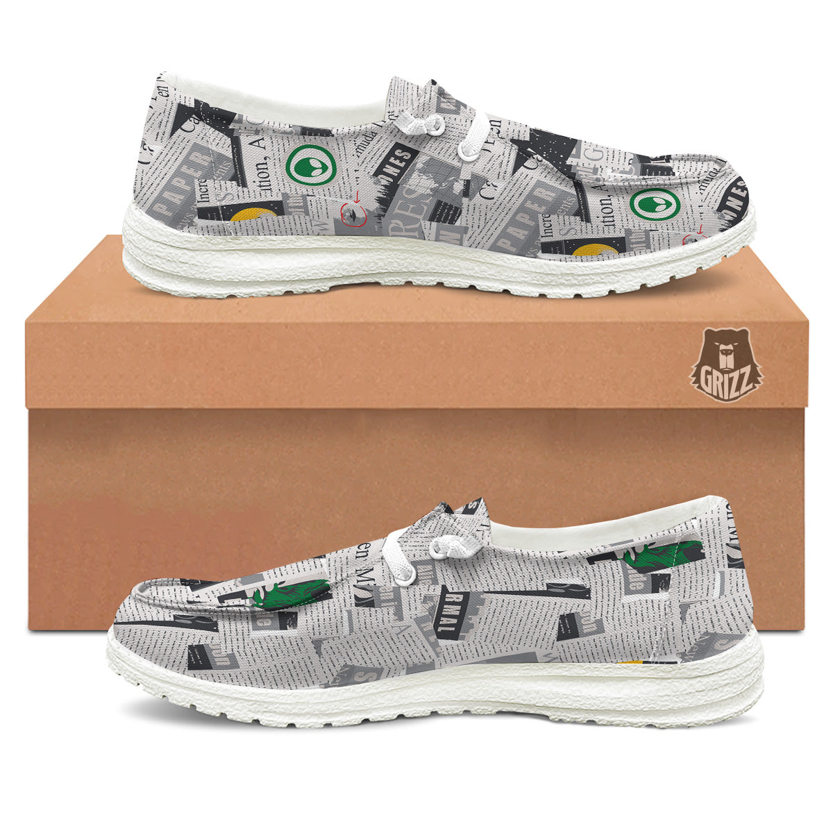 Newspaper Clippings On Aliens Topic Print Pattern White Loafers-grizzshop
