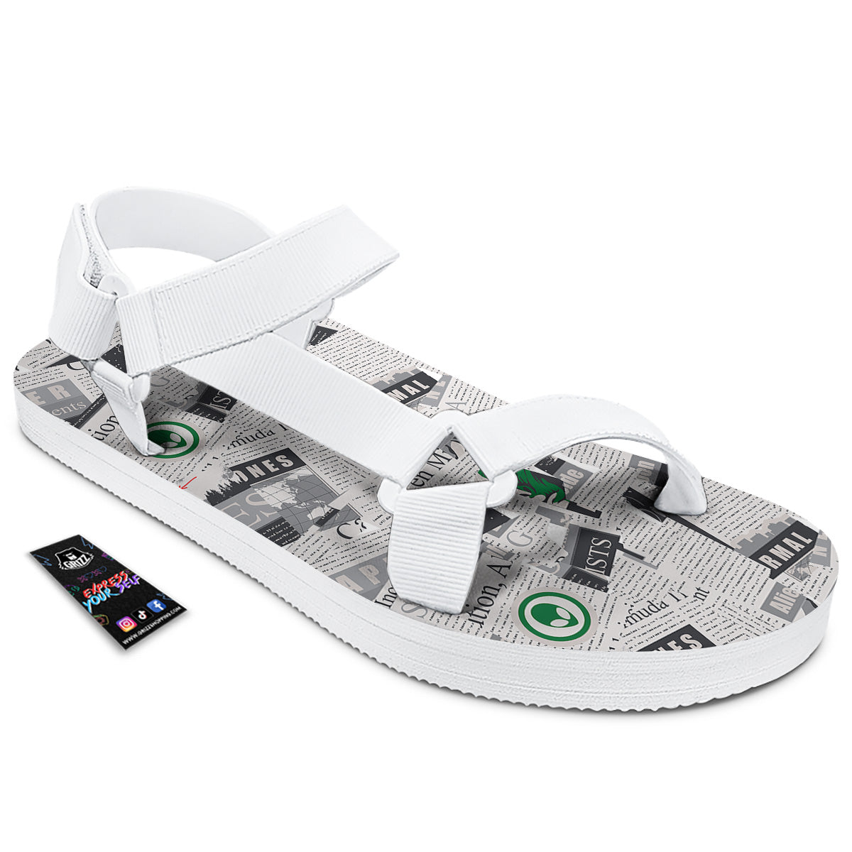 Newspaper Clippings On Aliens Topic Print Pattern White Open Toe Sandals-grizzshop