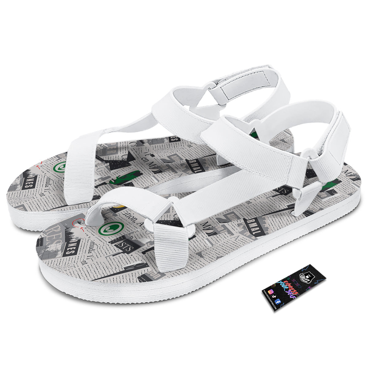 Newspaper Clippings On Aliens Topic Print Pattern White Open Toe Sandals-grizzshop