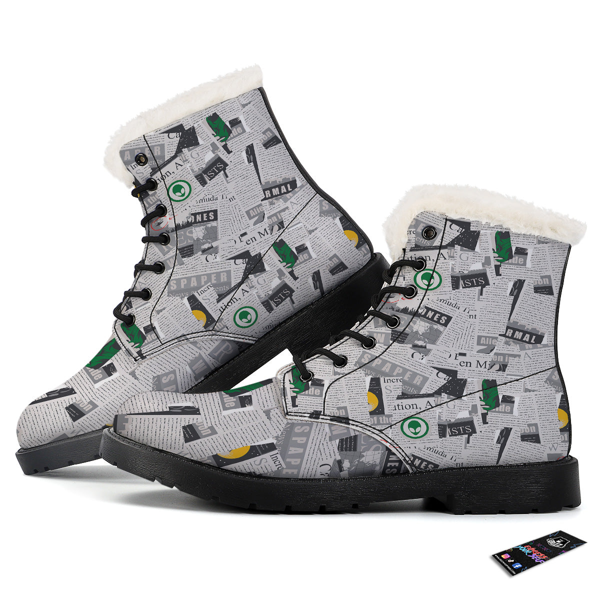 Newspaper Clippings On Aliens Topic Print Pattern Winter Boots-grizzshop