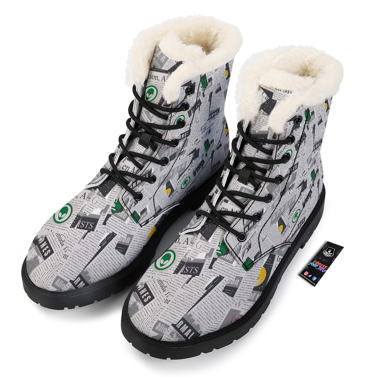 Newspaper Clippings On Aliens Topic Print Pattern Winter Boots-grizzshop