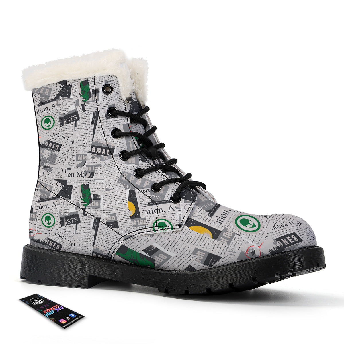 Newspaper Clippings On Aliens Topic Print Pattern Winter Boots-grizzshop