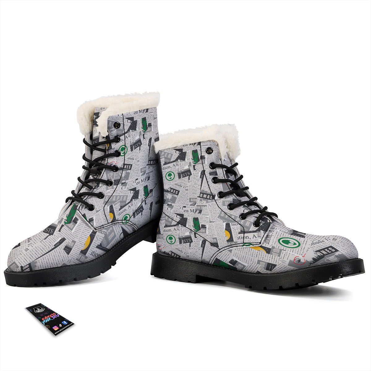 Newspaper Clippings On Aliens Topic Print Pattern Winter Boots-grizzshop