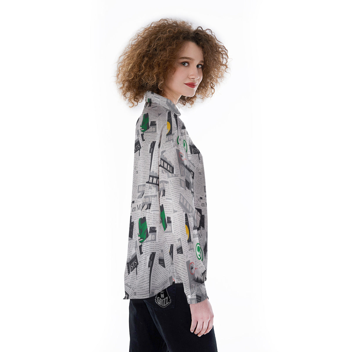 Newspaper Clippings On Aliens Topic Print Pattern Women's Long Sleeve Shirts-grizzshop