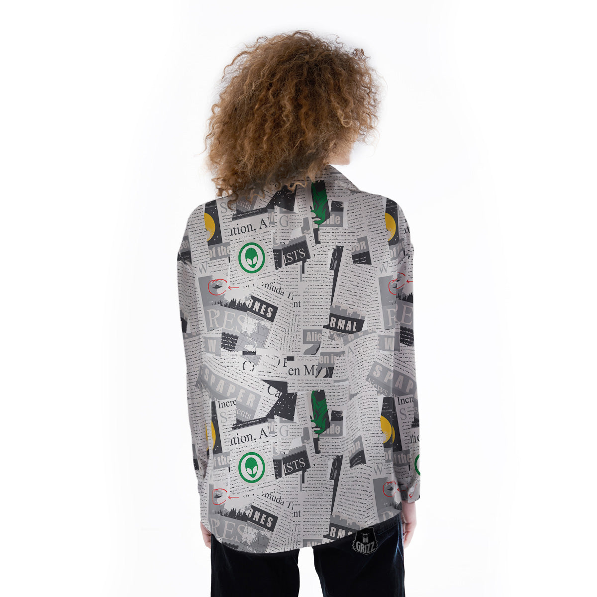 Newspaper Clippings On Aliens Topic Print Pattern Women's Long Sleeve Shirts-grizzshop