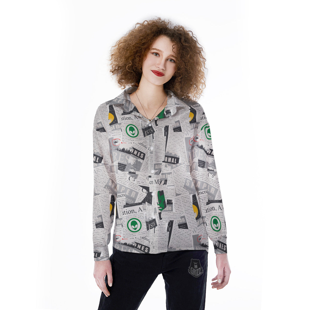 Newspaper Clippings On Aliens Topic Print Pattern Women's Long Sleeve Shirts-grizzshop