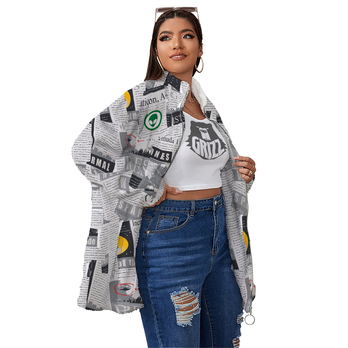 Newspaper Clippings On Aliens Topic Print Pattern Women's Sherpa Jacket-grizzshop
