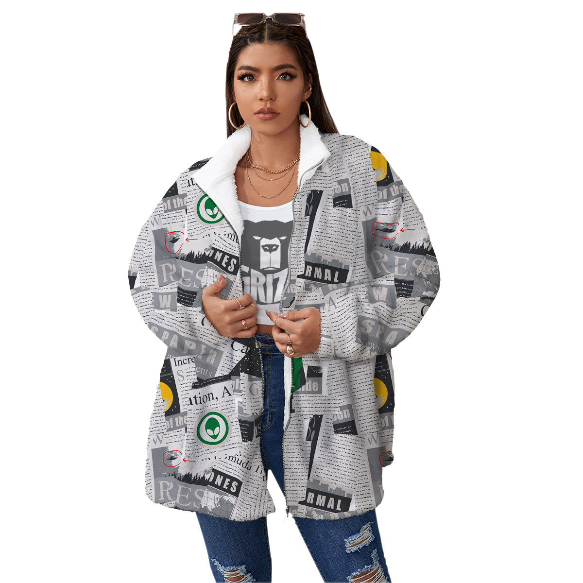 Newspaper Clippings On Aliens Topic Print Pattern Women's Sherpa Jacket-grizzshop