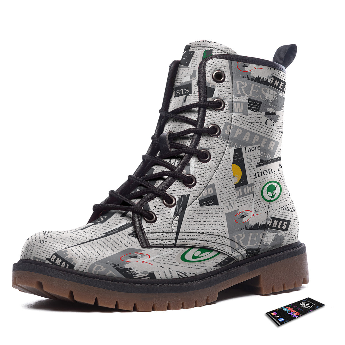Newspaper Clippings On Aliens Topic Print Pattern Work Boots-grizzshop