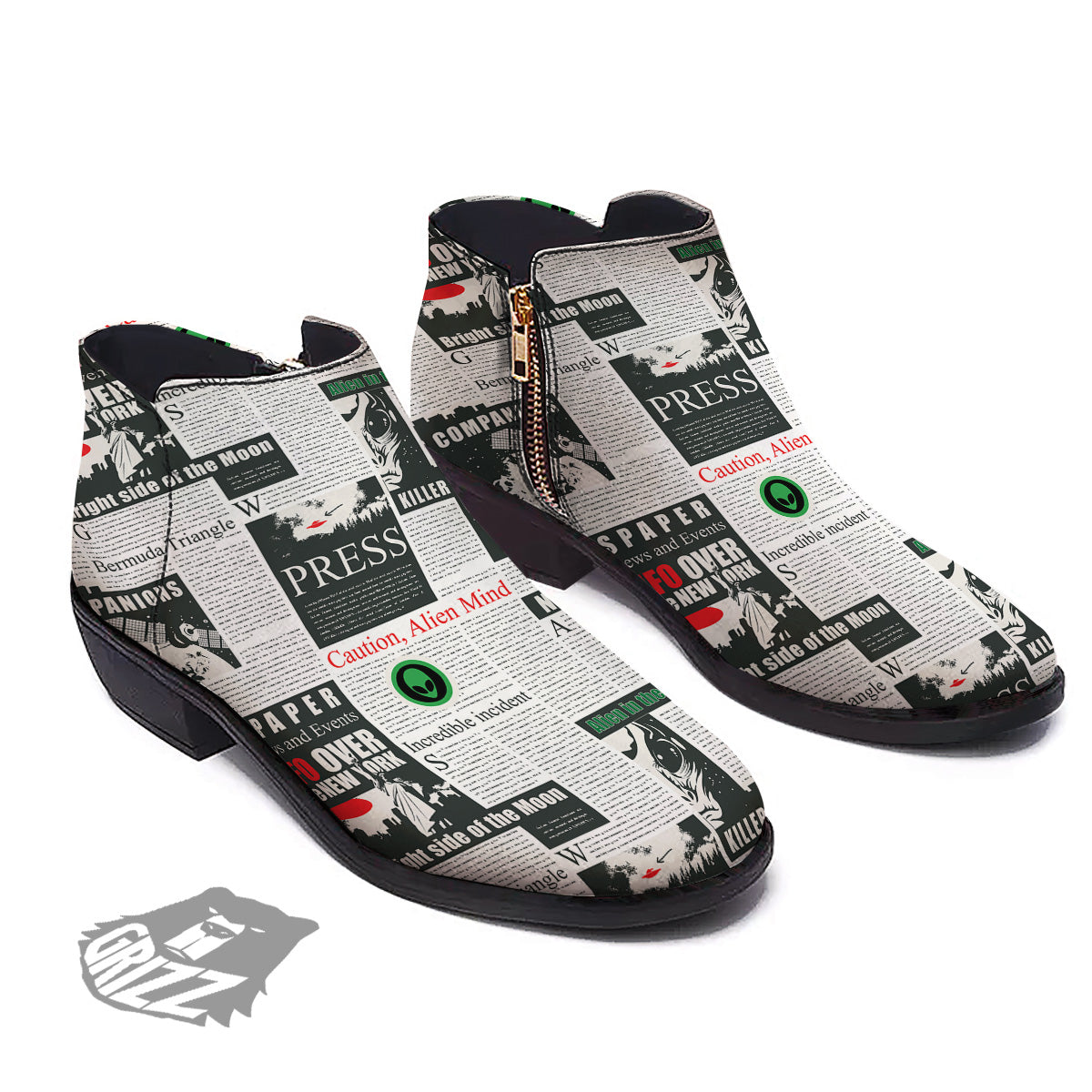 Newspaper Headlines Alien Print Pattern Ankle Boots-grizzshop