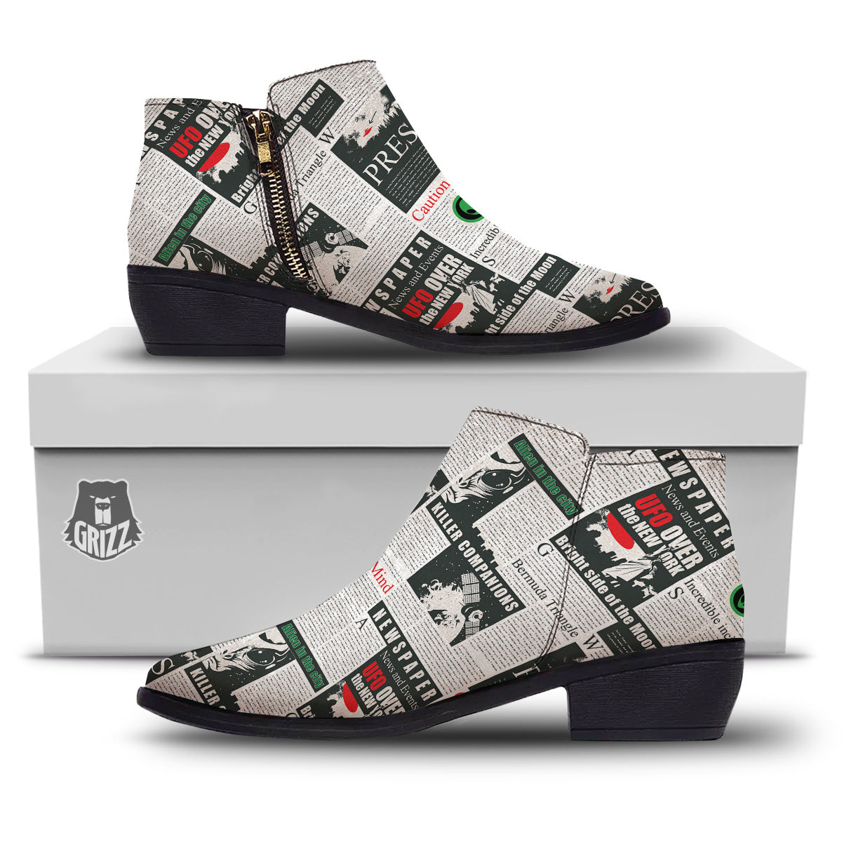 Newspaper Headlines Alien Print Pattern Ankle Boots-grizzshop