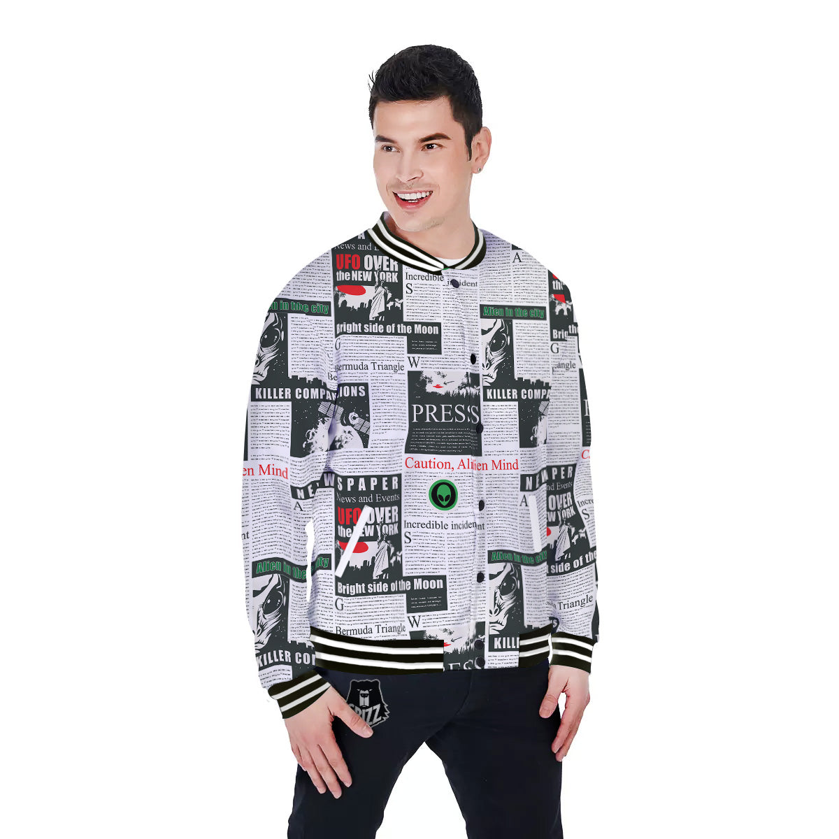 Newspaper Headlines Alien Print Pattern Baseball Jacket-grizzshop