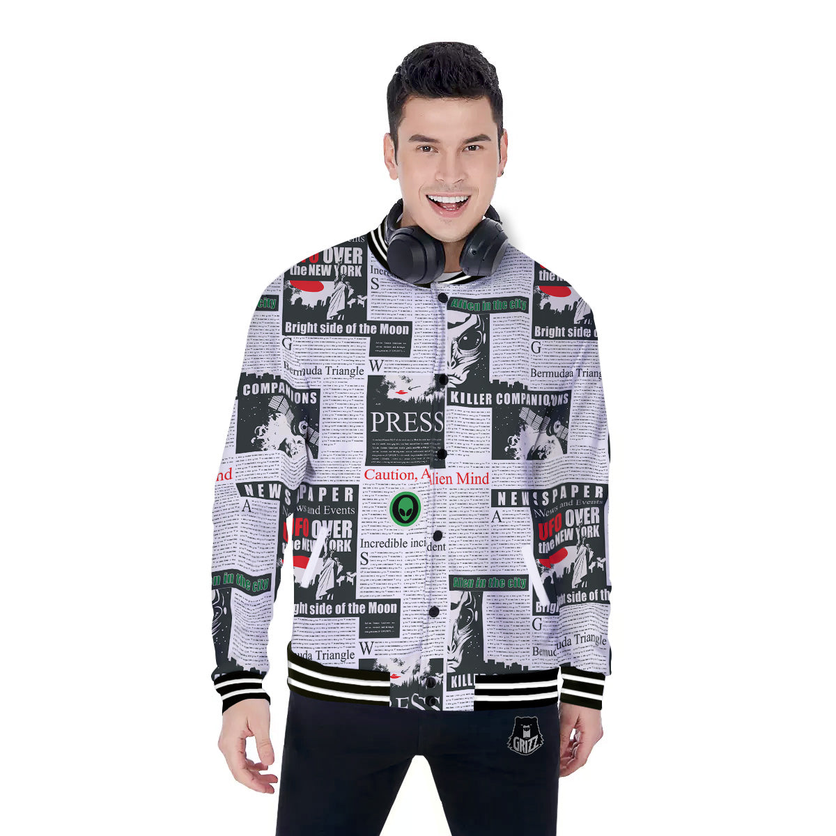 Newspaper Headlines Alien Print Pattern Baseball Jacket-grizzshop