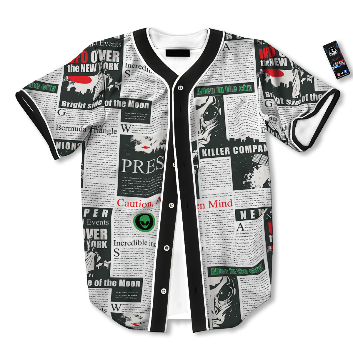 Newspaper Headlines Alien Print Pattern Baseball Jersey-grizzshop