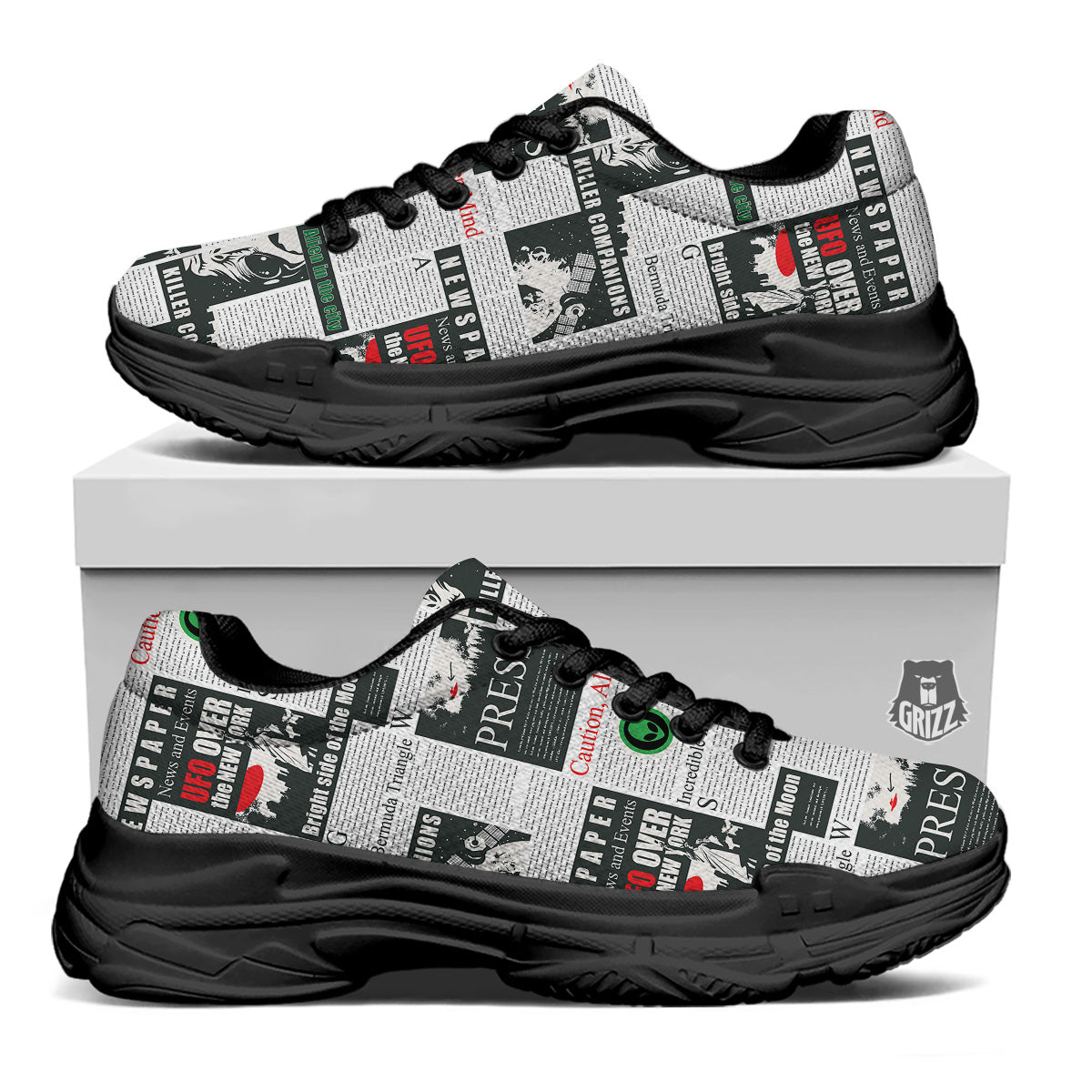 Newspaper Headlines Alien Print Pattern Black Chunky Shoes-grizzshop
