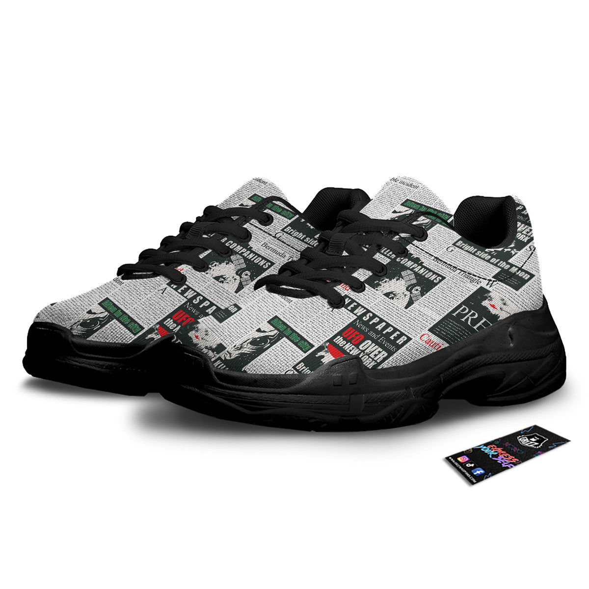 Newspaper Headlines Alien Print Pattern Black Chunky Shoes-grizzshop