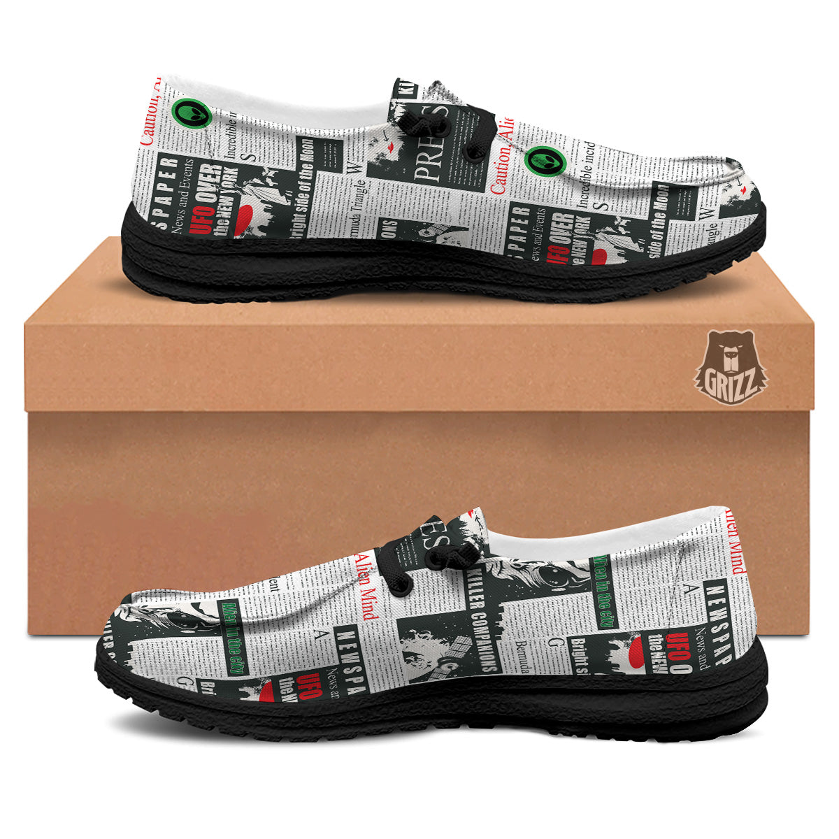 Newspaper Headlines Alien Print Pattern Black Loafers-grizzshop