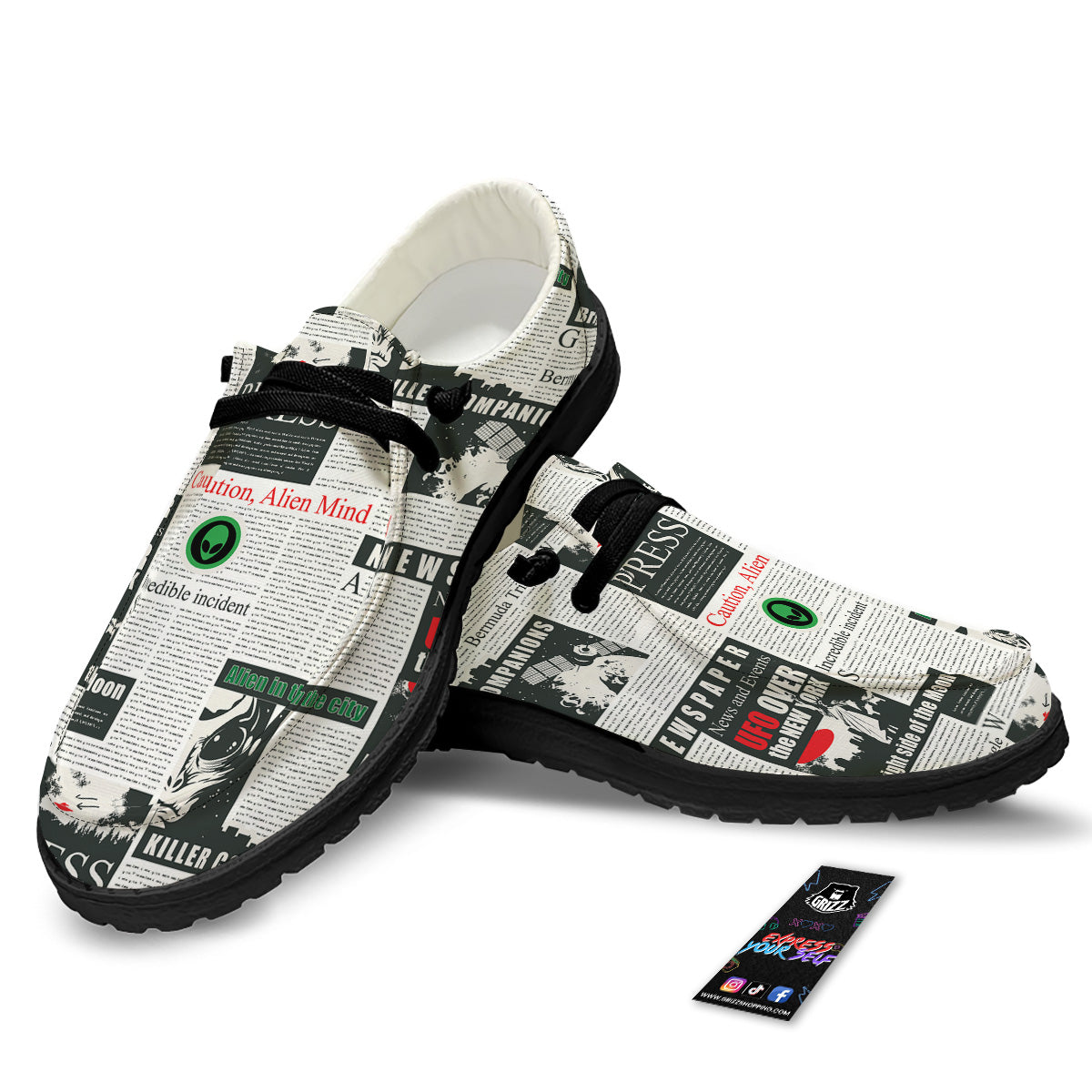 Newspaper Headlines Alien Print Pattern Black Loafers-grizzshop