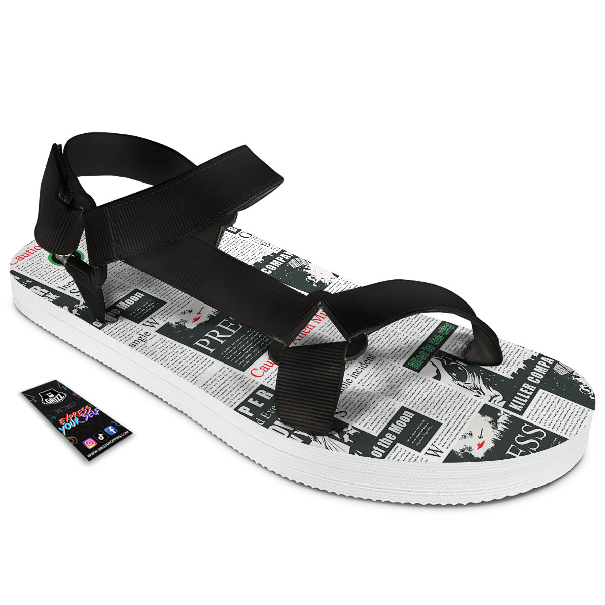 Newspaper Headlines Alien Print Pattern Black Open Toe Sandals-grizzshop