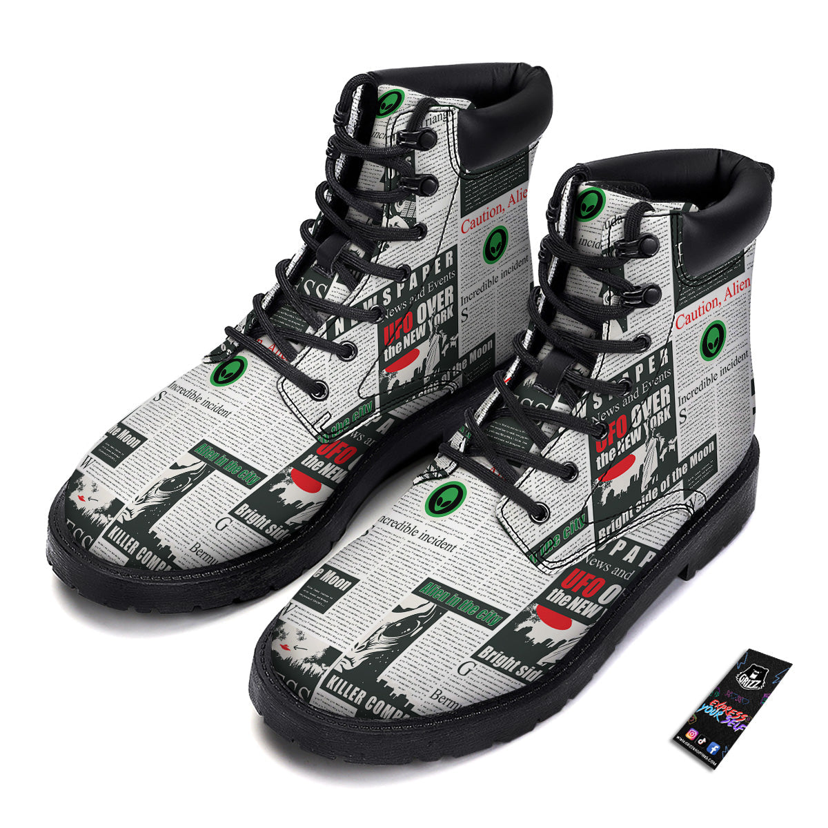 Newspaper Headlines Alien Print Pattern Boots-grizzshop