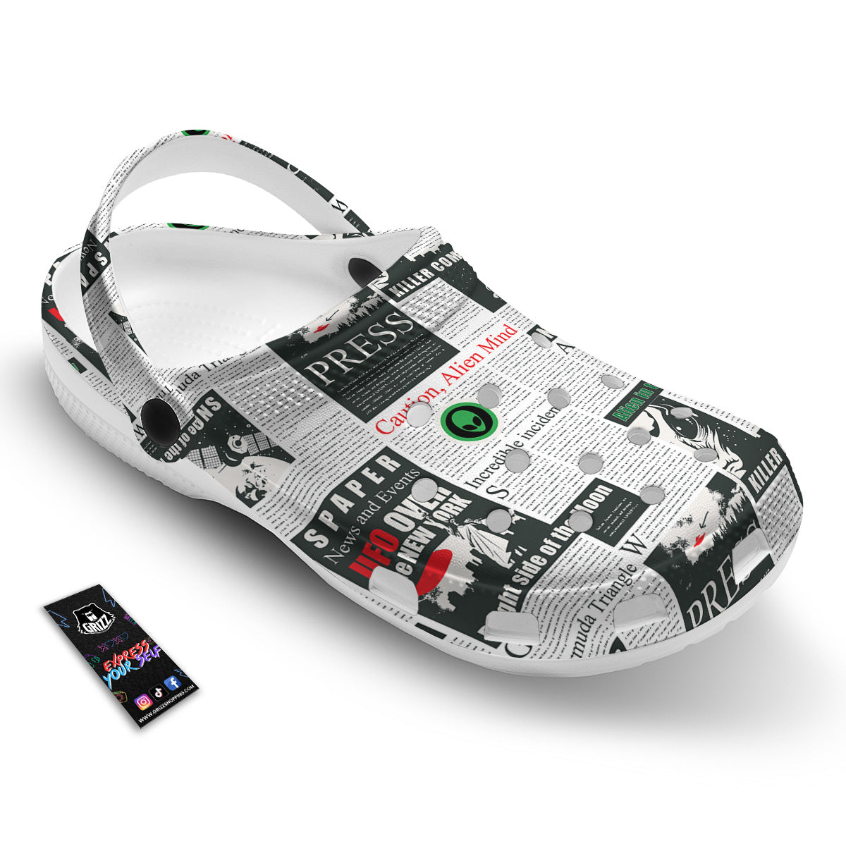 Newspaper Headlines Alien Print Pattern Clog-grizzshop