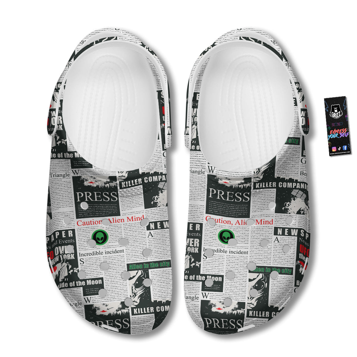Newspaper Headlines Alien Print Pattern Clog-grizzshop