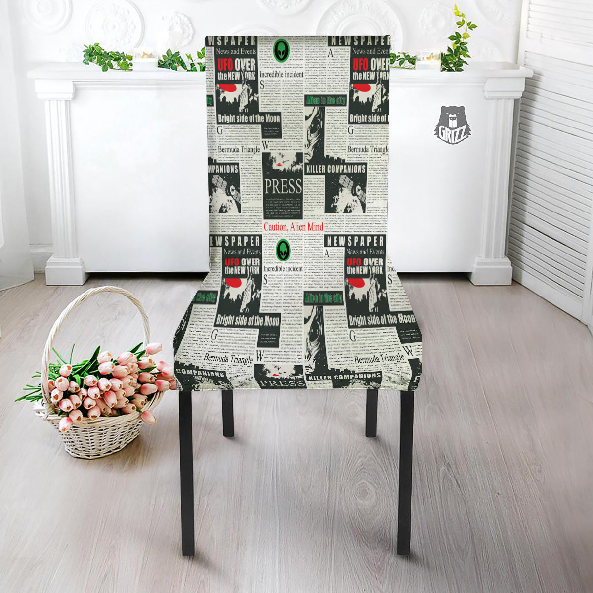 Newspaper Headlines Alien Print Pattern Dining Chair Slipcover-grizzshop
