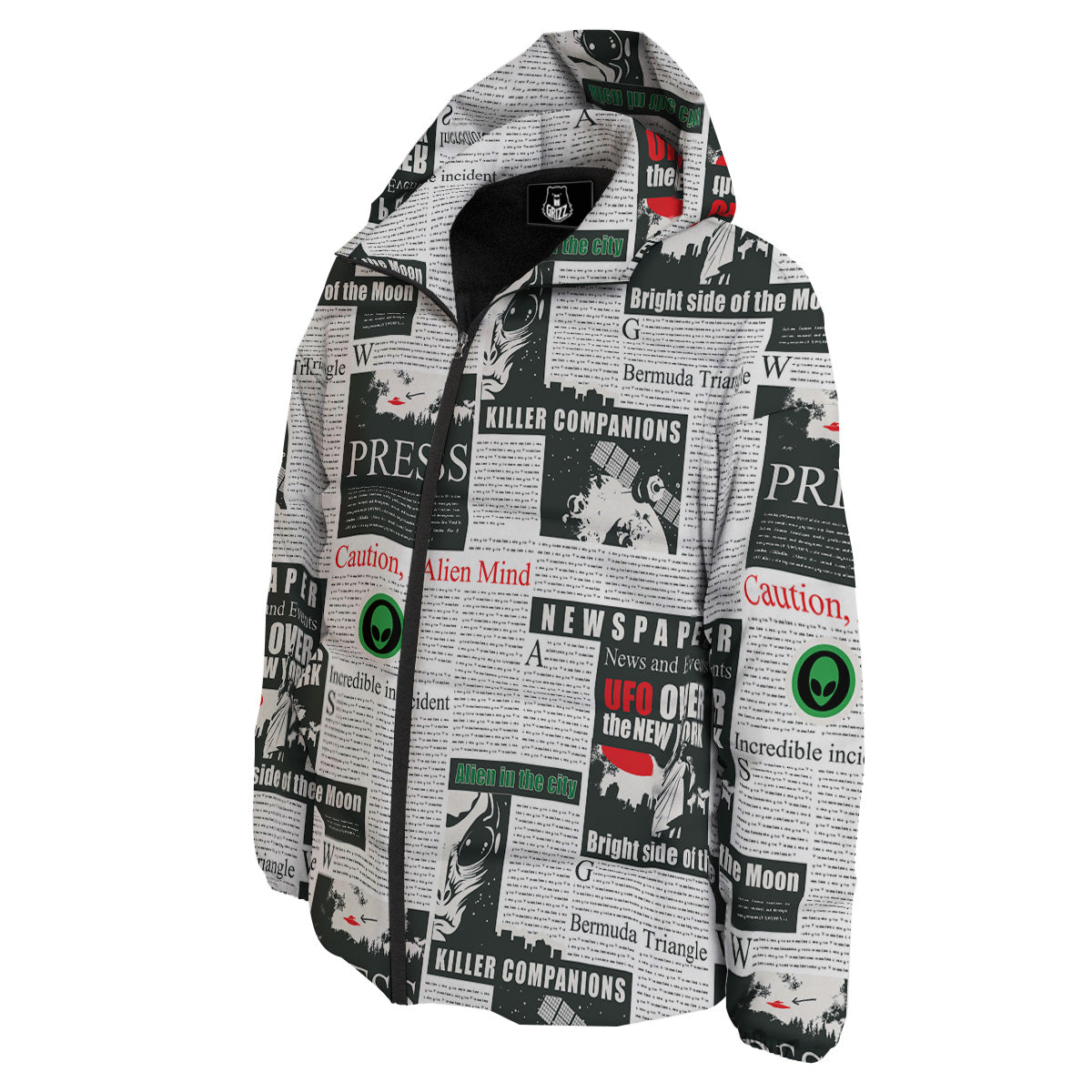Newspaper Headlines Alien Print Pattern Down Jacket-grizzshop