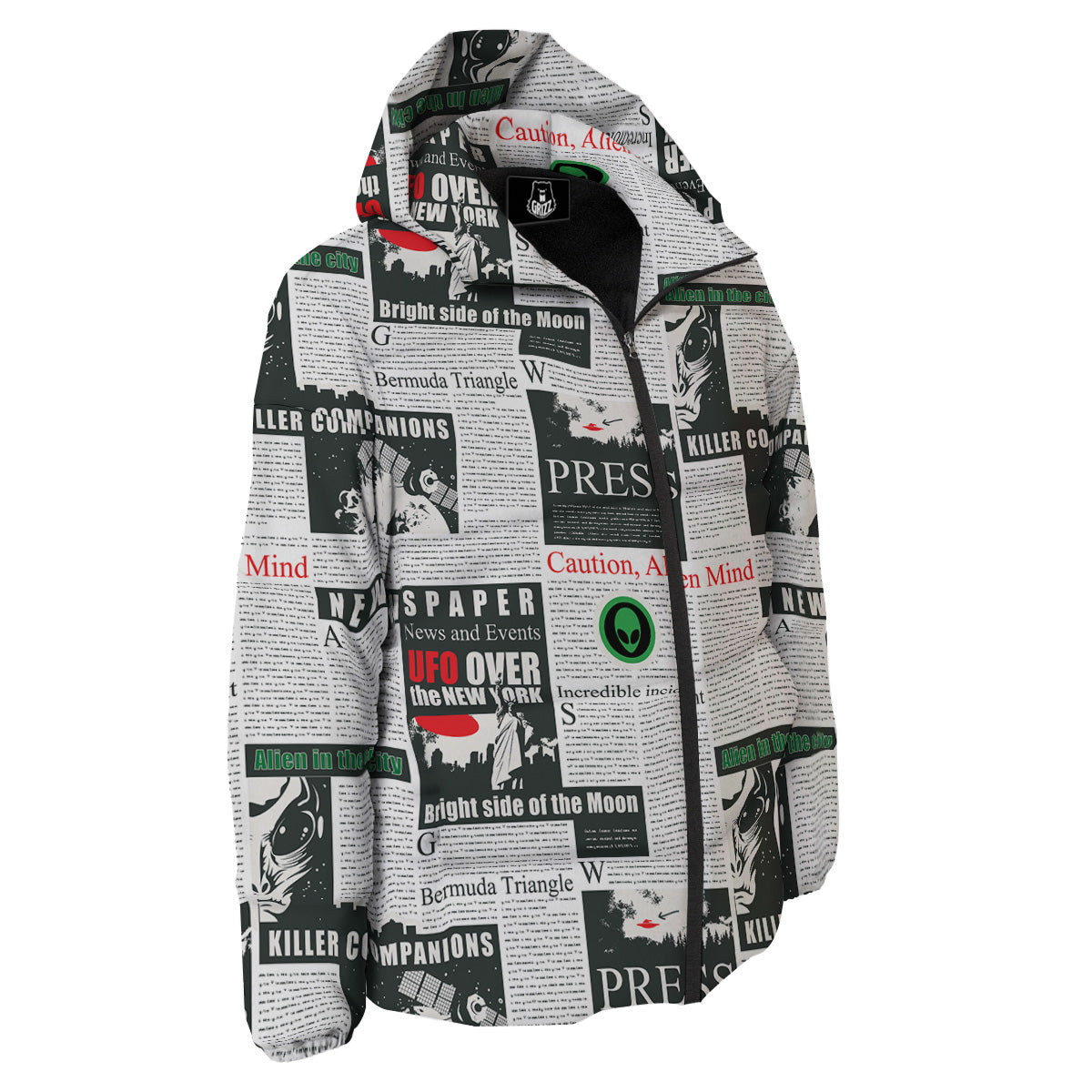 Newspaper Headlines Alien Print Pattern Down Jacket-grizzshop