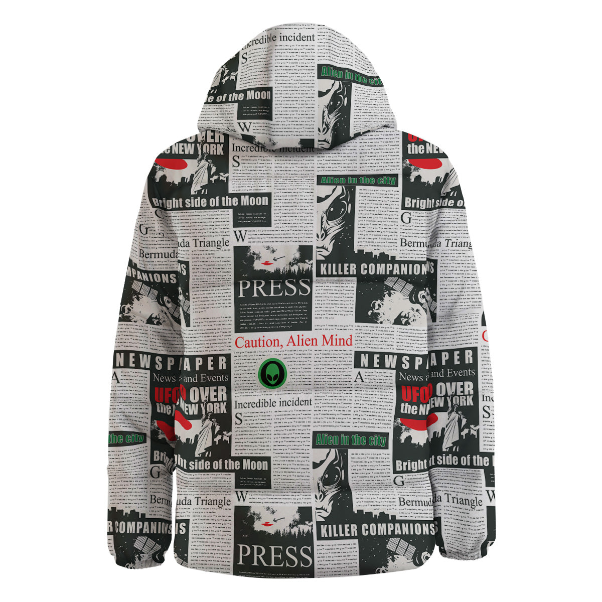 Newspaper Headlines Alien Print Pattern Down Jacket-grizzshop