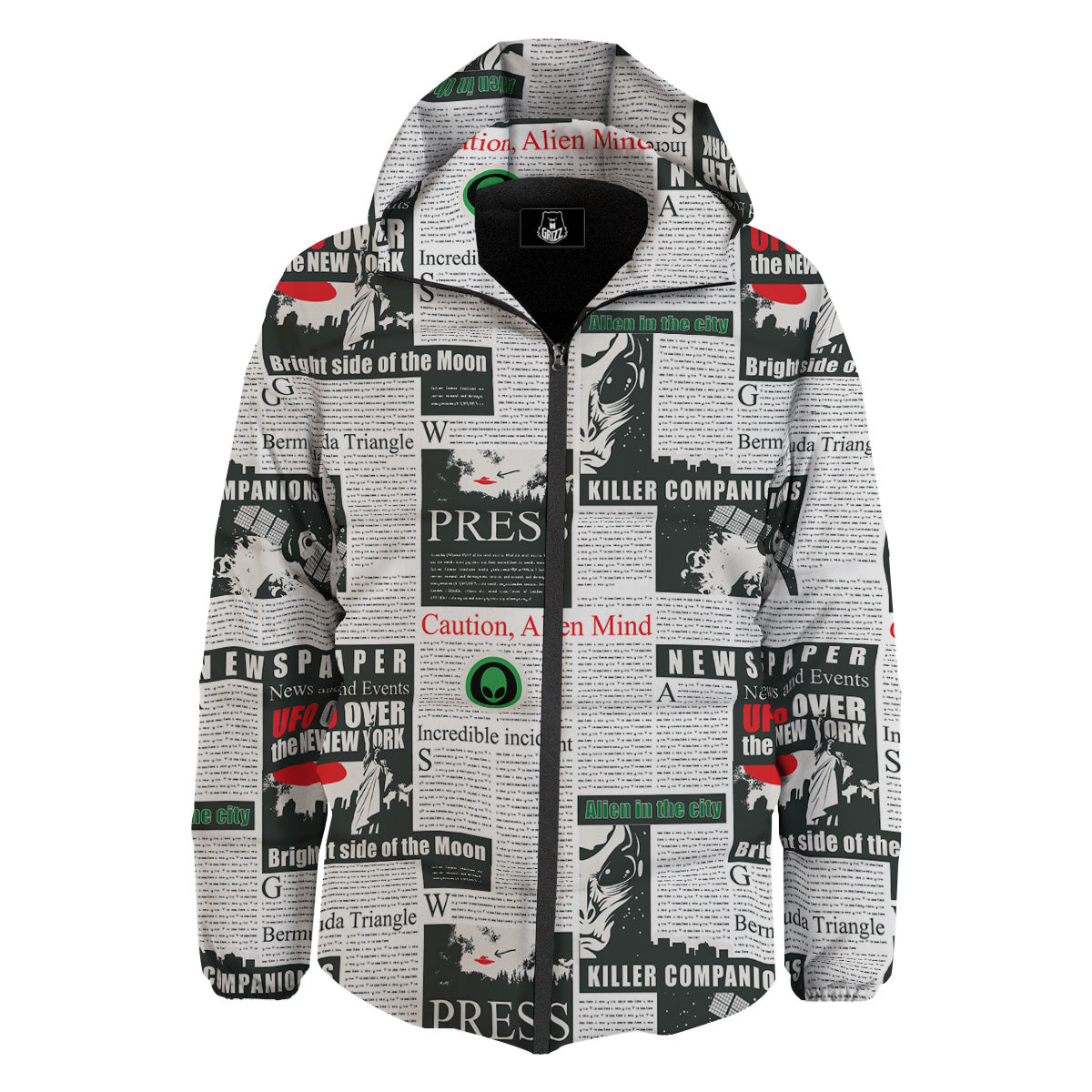 Newspaper Headlines Alien Print Pattern Down Jacket-grizzshop