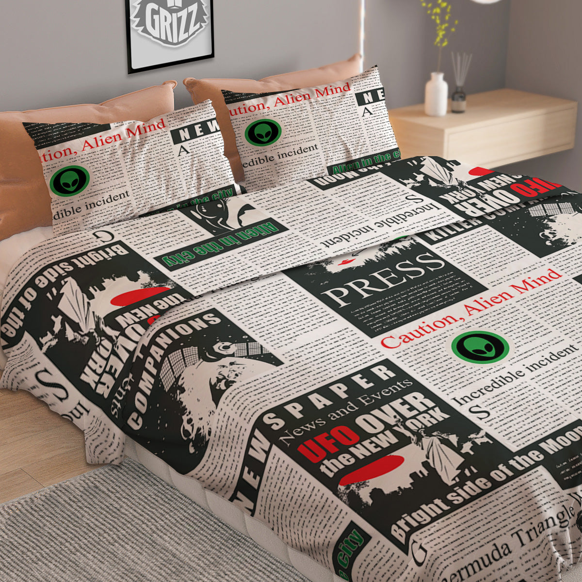 Newspaper Headlines Alien Print Pattern Duvet Cover Bedding Set