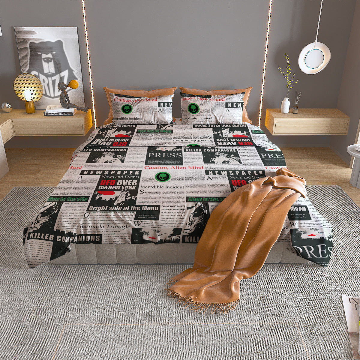 Newspaper Headlines Alien Print Pattern Duvet Cover Bedding Set