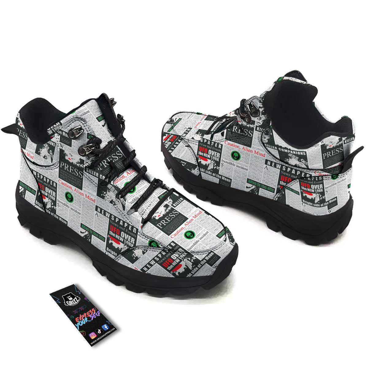 Newspaper Headlines Alien Print Pattern Hiking Shoes-grizzshop