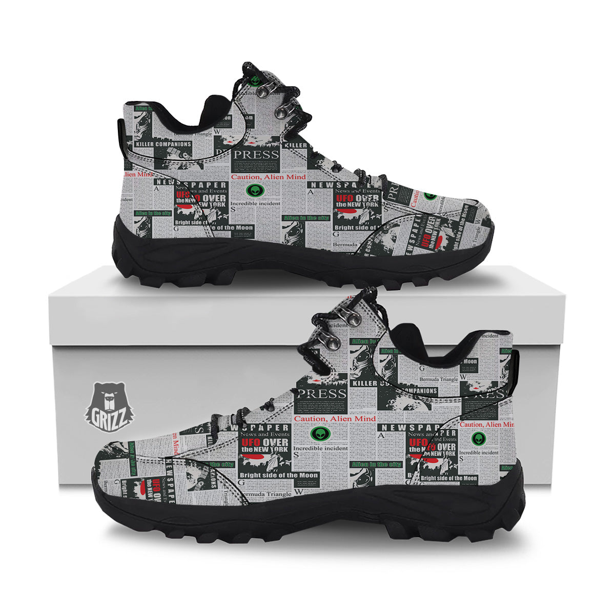Newspaper Headlines Alien Print Pattern Hiking Shoes-grizzshop