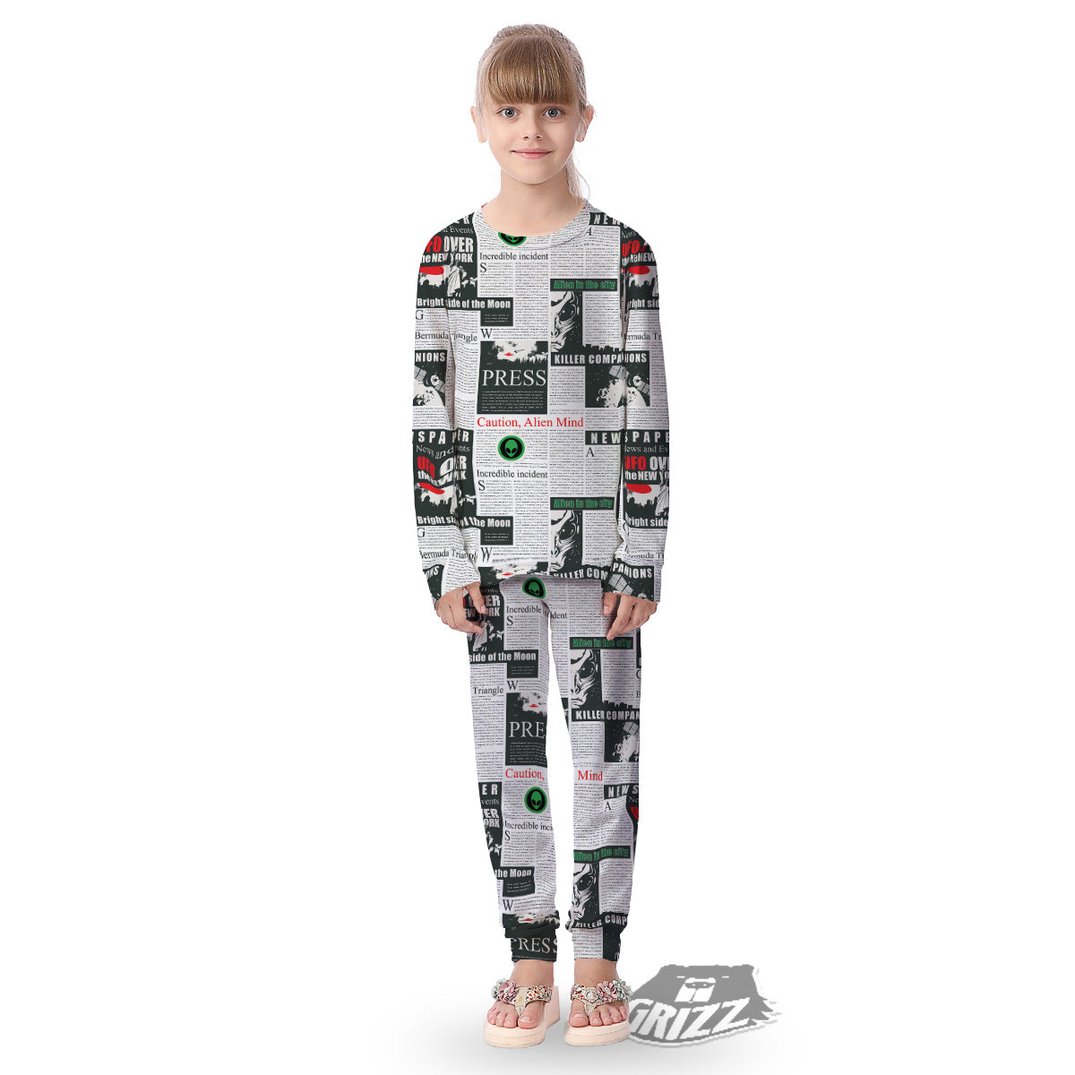 Newspaper Headlines Alien Print Pattern Kid's Pajamas-grizzshop
