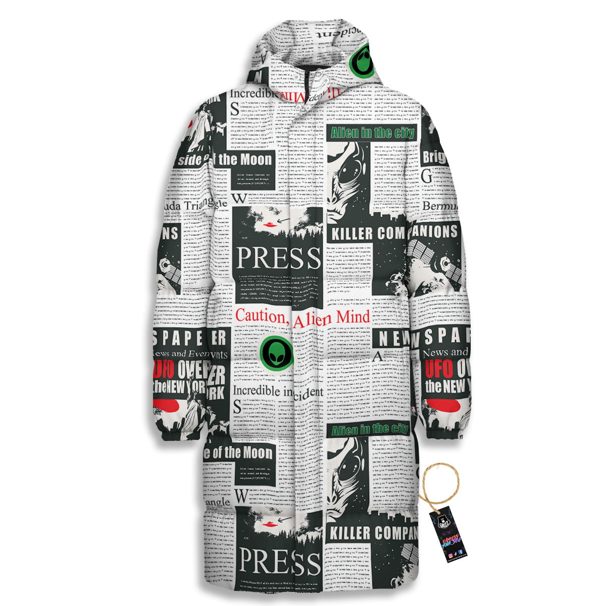 Newspaper Headlines Alien Print Pattern Long Down Jacket-grizzshop