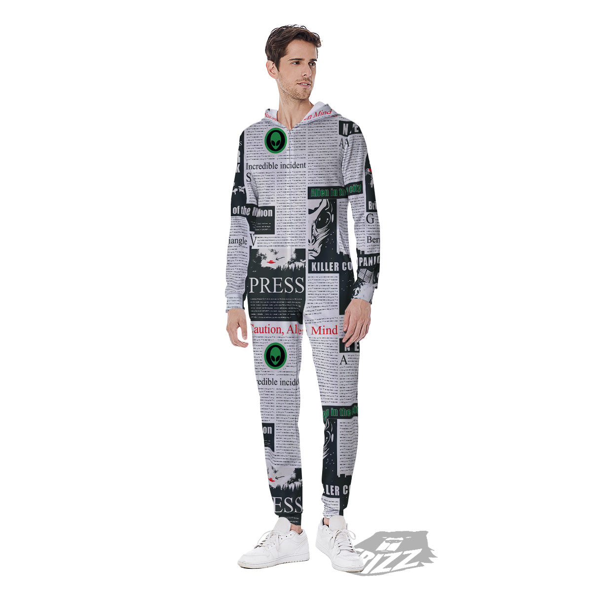 Newspaper Headlines Alien Print Pattern Men's Jumpsuit-grizzshop